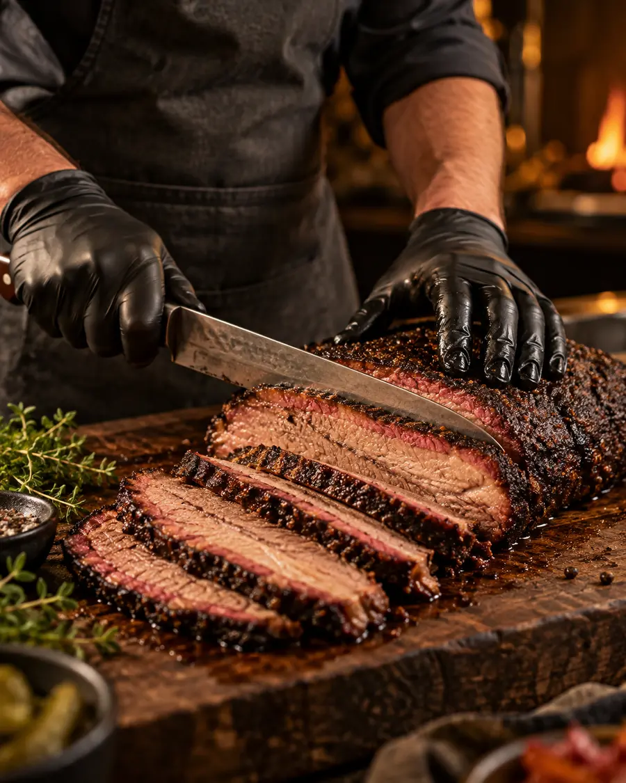 Chef snijdt vers gerookte Texas brisket aan
